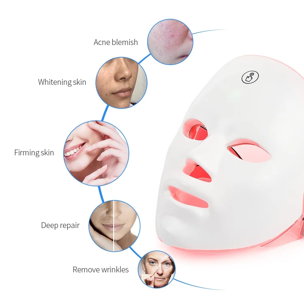 Mascarilla LED Facial Recargable de 7 Colores Máscara de Belleza con Fotones LED Rejuvenecimiento de la Piel Lifting Facial en Casa Blanqueamiento Cuidado de la Piel Máscara de Belleza