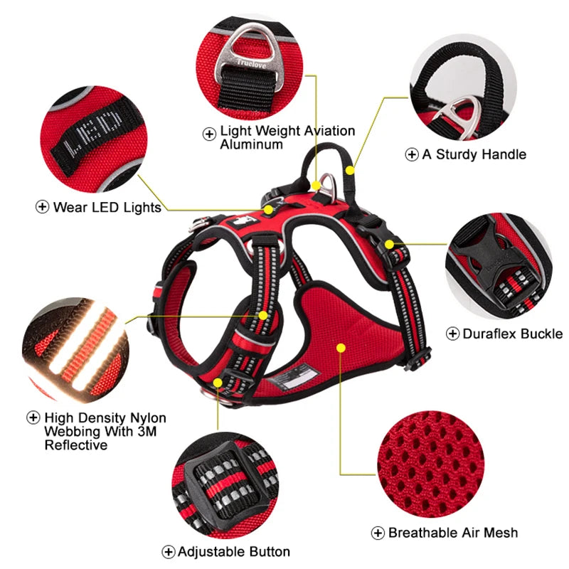 Arnés para Perros de Nylon Reflectante Truelove sin Tirones Ajustable Mediano Grande para Perros Traviesos Chaleco de Seguridad para Coche Correr Pasear