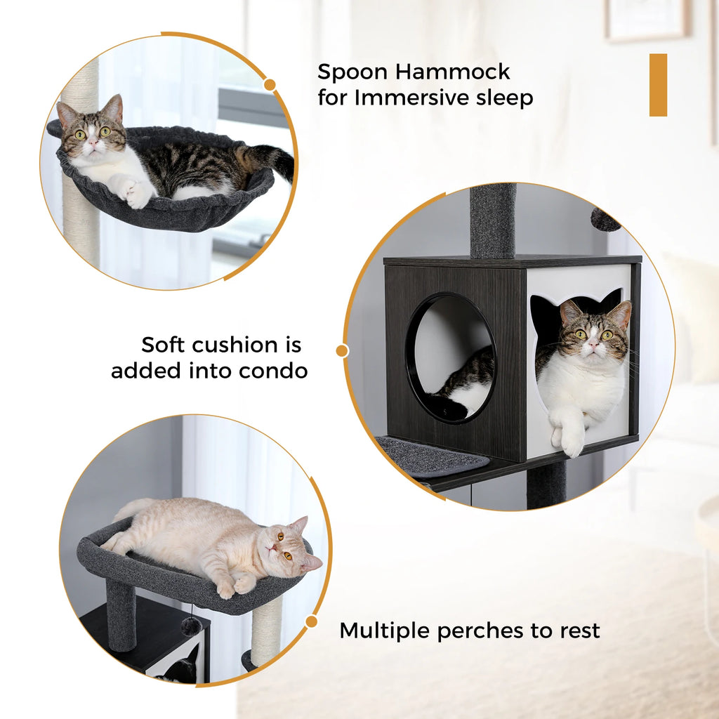 Árbol para Gatos de Varios Niveles, Torre de Madera para Gatos de Interior con Rascadores, Amplio Condominio, Hamaca, Plataforma Superior y Rascador para Gatos, Juguetes para Gatos