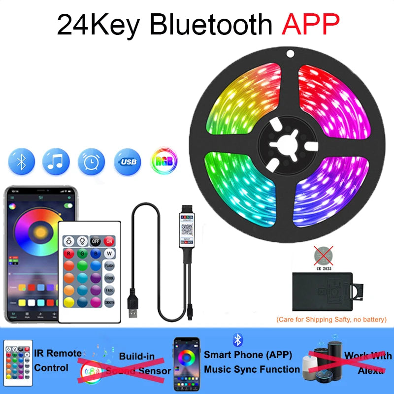 Tira de luces LED inteligentes para TV, iluminación inteligente para dormitorio, Bluetooth, USB, tira de LED RGB 5V, cinta LED adhesiva 5050 para decoración de paredes de habitaciones