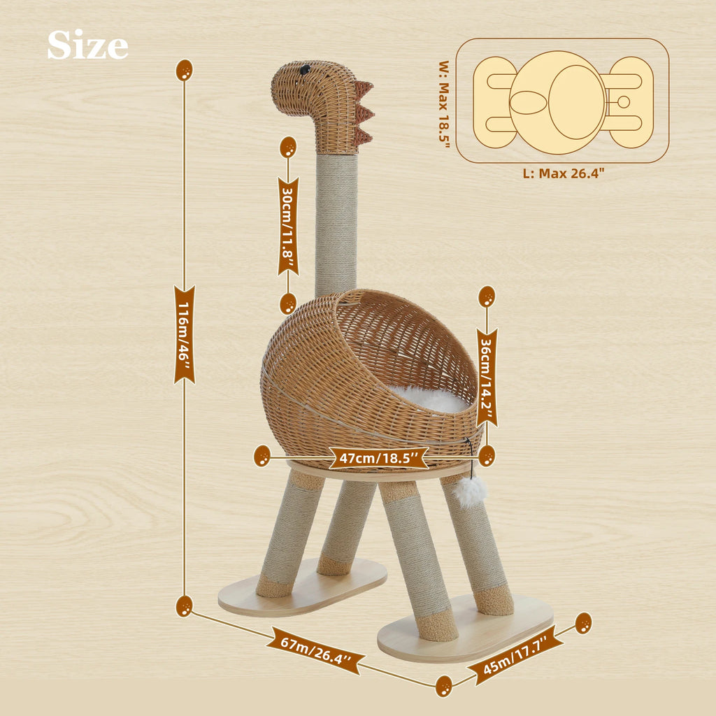 Torre de árbol para gatos Dinosaurio con rascador de sisal, condominio grande de mimbre para gatos, cama de mimbre para gatos con alfombrilla extraíble, juguetes para gatos