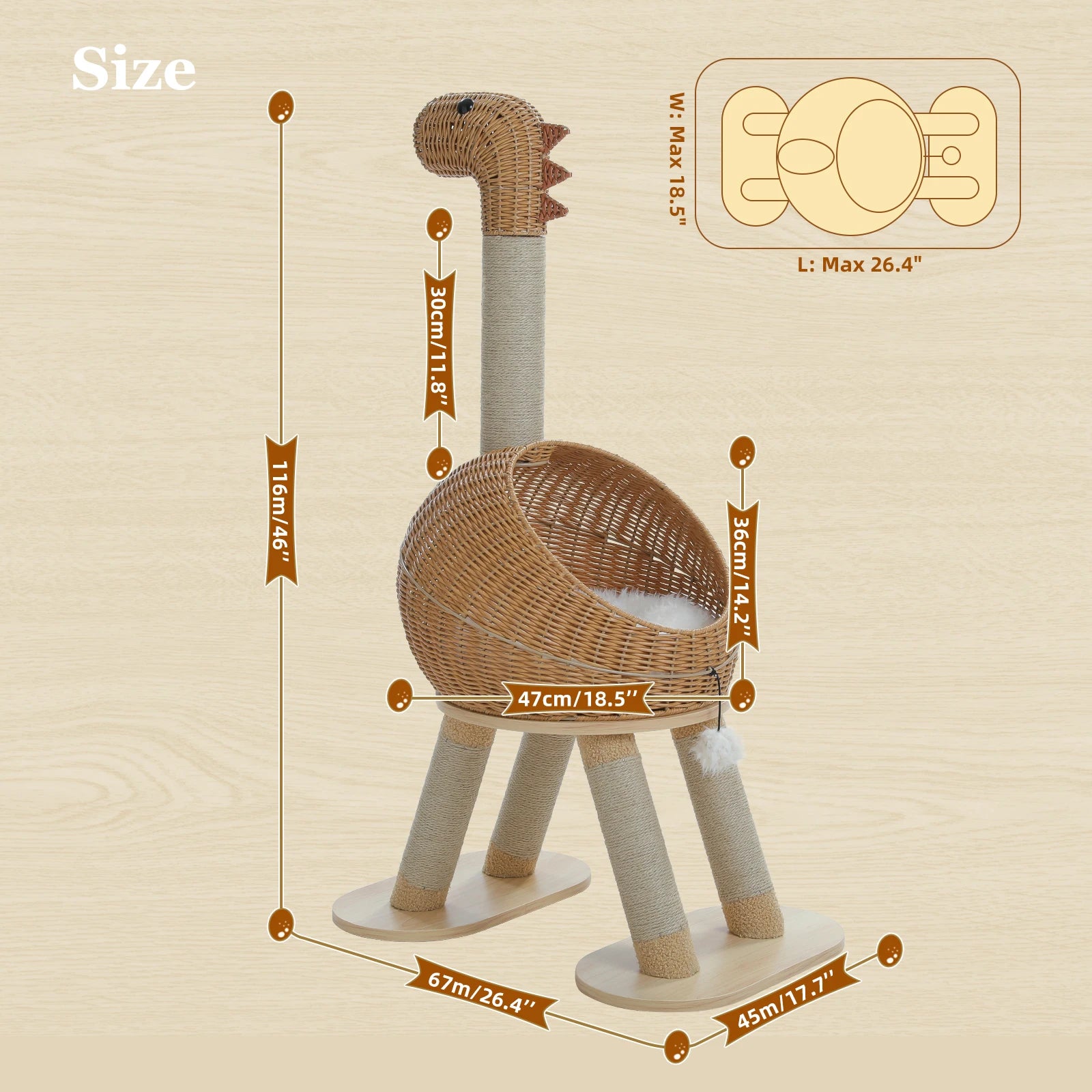 Torre de árbol para gatos Dinosaurio con rascador de sisal, condominio grande de mimbre para gatos, cama de mimbre para gatos con alfombrilla extraíble, juguetes para gatos
