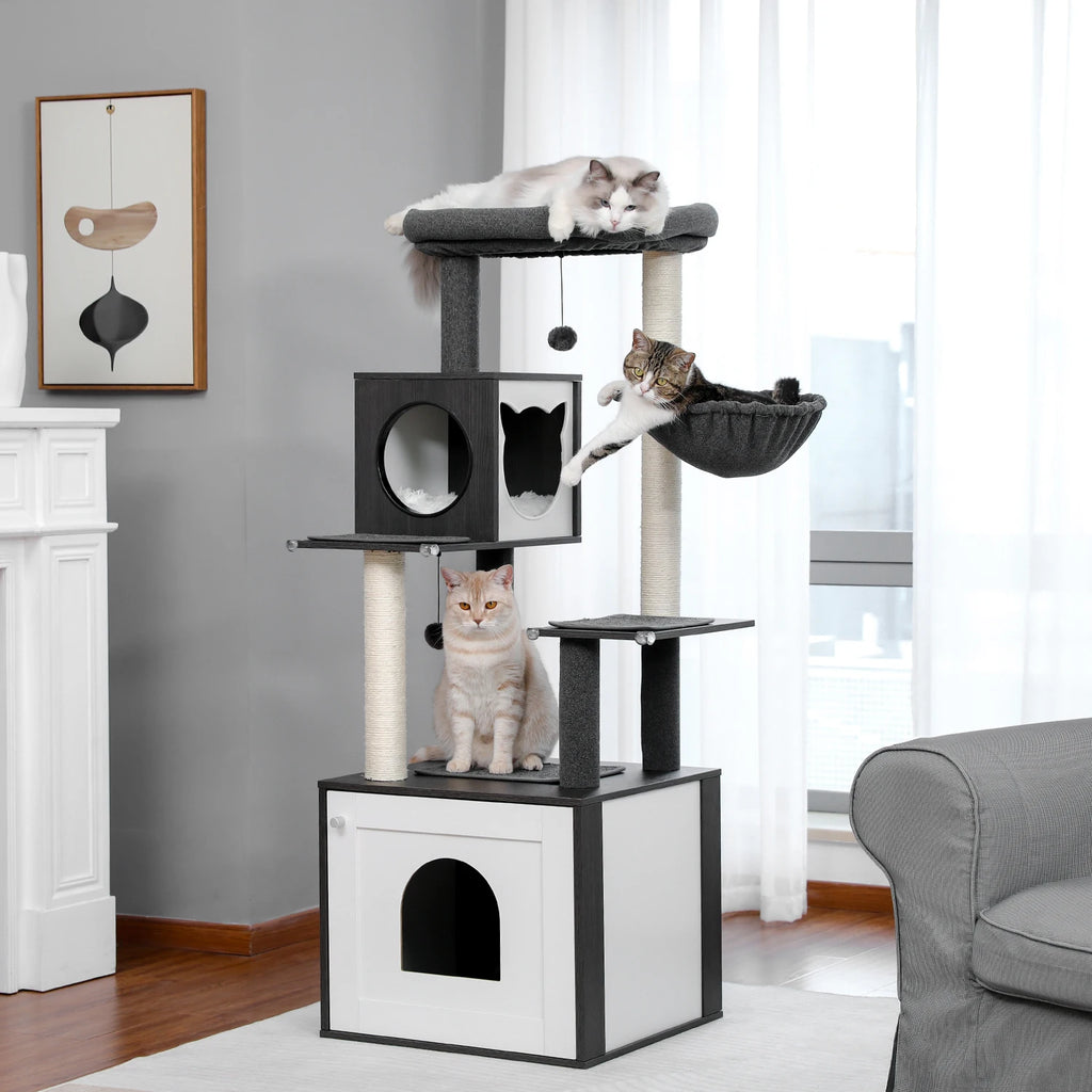 Árbol para Gatos de Varios Niveles, Torre de Madera para Gatos de Interior con Rascadores, Amplio Condominio, Hamaca, Plataforma Superior y Rascador para Gatos, Juguetes para Gatos