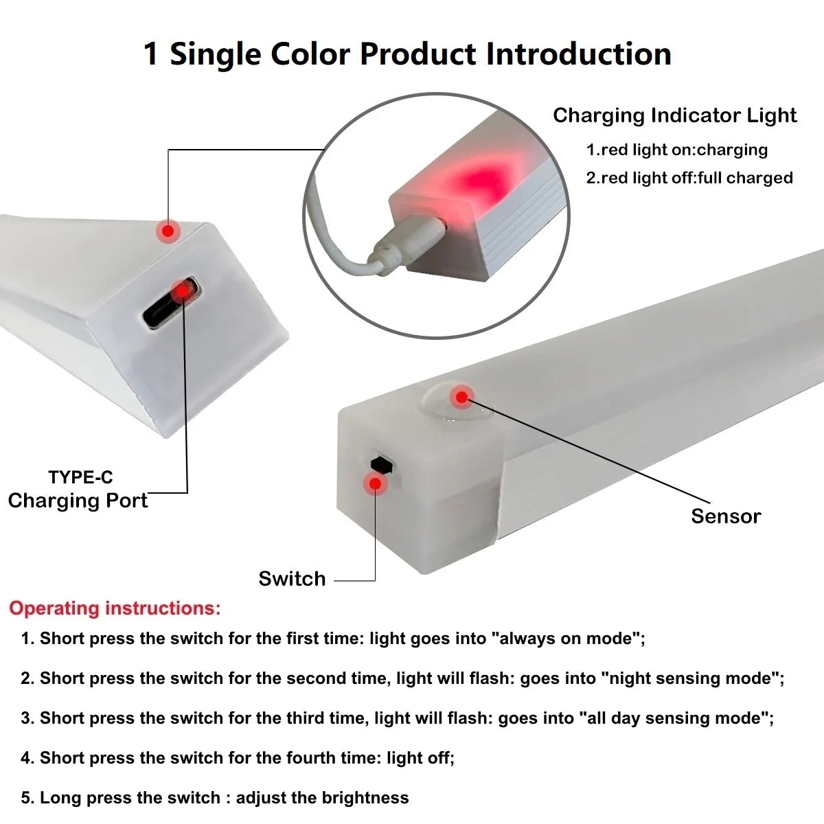 Luz de barra LED con sensor de movimiento, recargable por USB, inalámbrica, luz nocturna por inducción, lámpara de gabinete magnética portátil sin cable para cocina