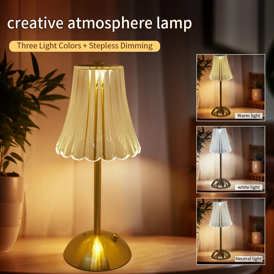 LED Table Lamp USB Rechargable Touch Dimming Coffee Bar Atmosphere Light Eye-Protection Reading Night Light Bedroom Decor