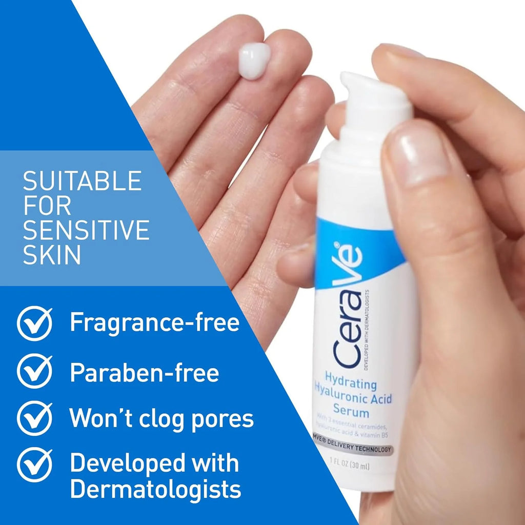 CeraVe - Suero Facial de Ácido Hialurónico con Vitamina B5 y Ceramidas, Suero Facial Hidratante para Piel Seca, Sin Fragancia, 29 ml