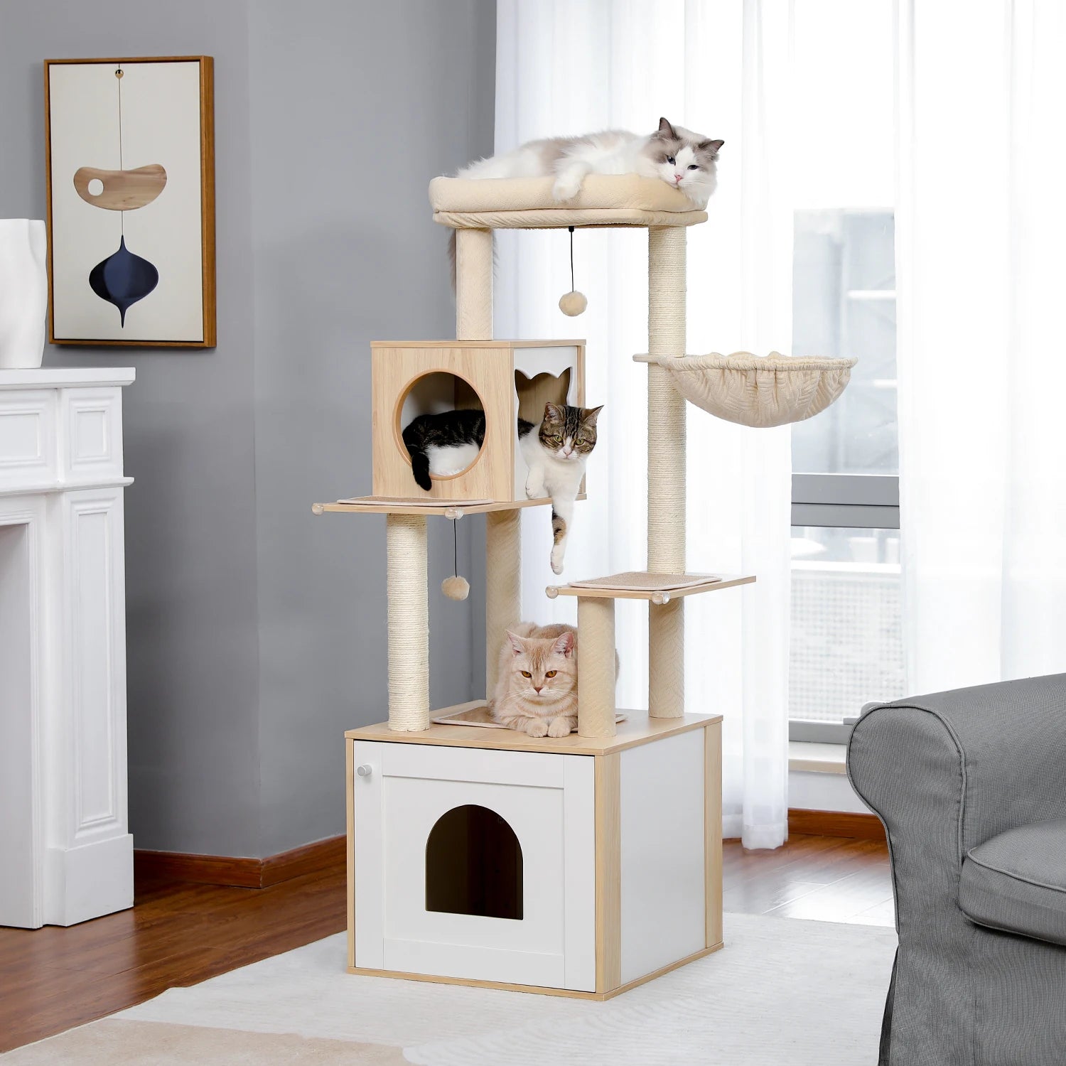 Árbol para Gatos de Varios Niveles, Torre de Madera para Gatos de Interior con Rascadores, Amplio Condominio, Hamaca, Plataforma Superior y Rascador para Gatos, Juguetes para Gatos