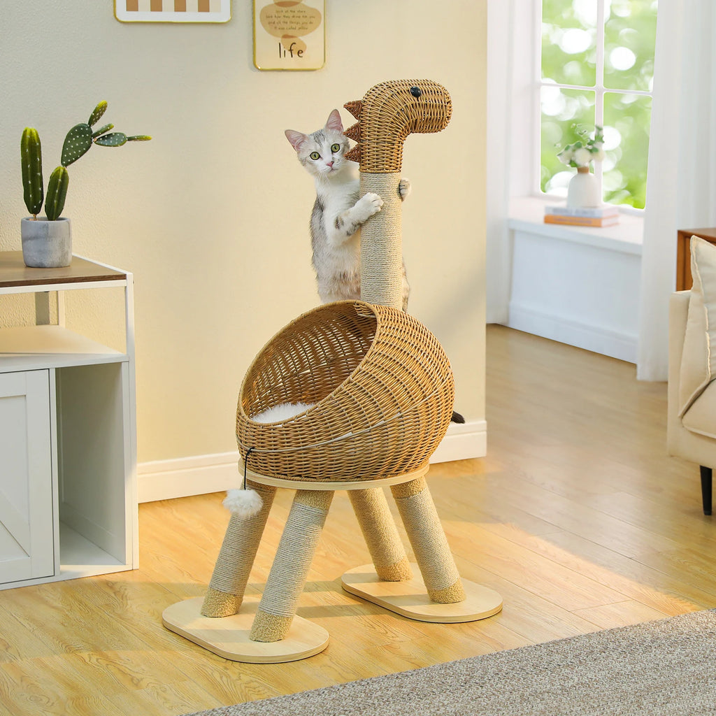 Torre de árbol para gatos Dinosaurio con rascador de sisal, condominio grande de mimbre para gatos, cama de mimbre para gatos con alfombrilla extraíble, juguetes para gatos