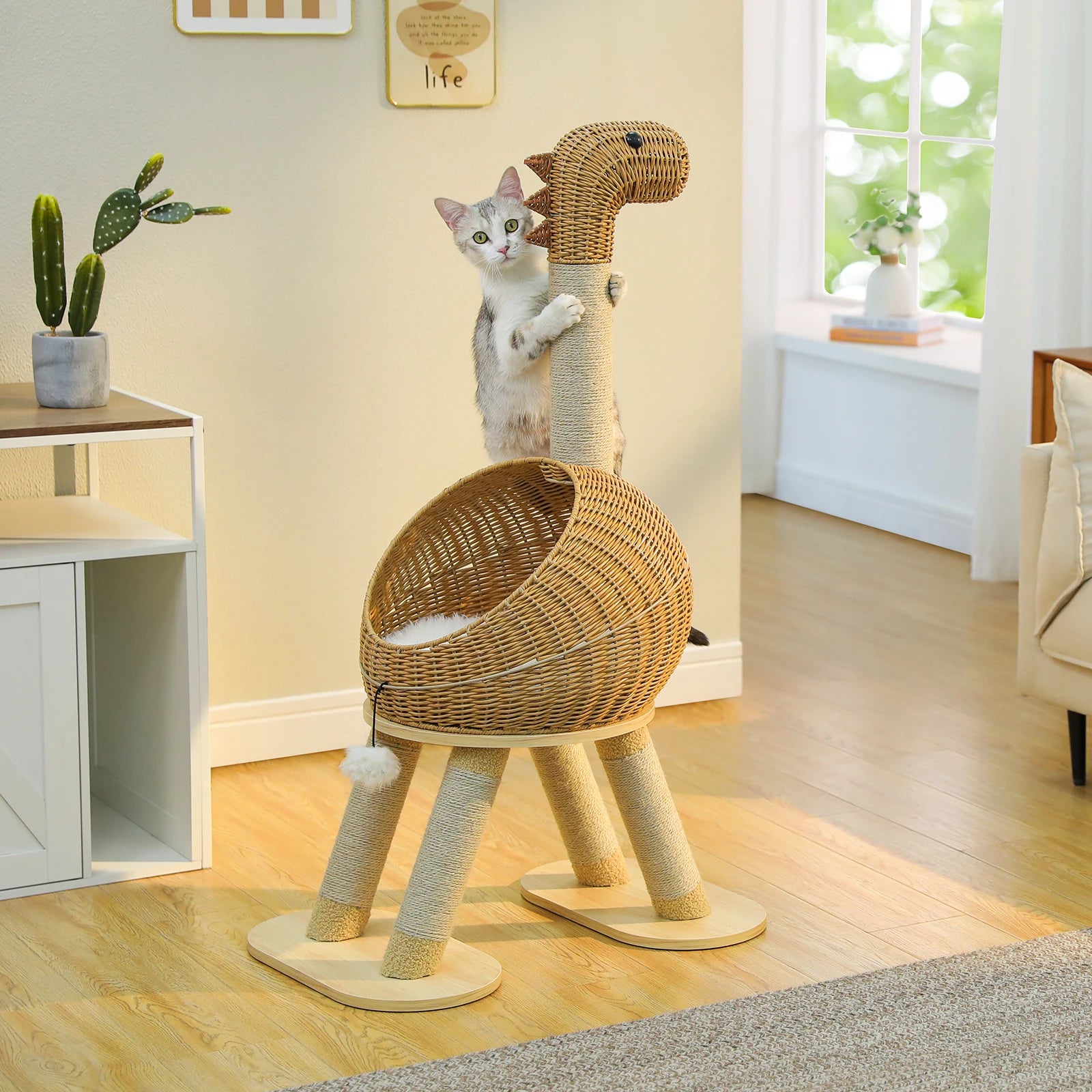 Torre de árbol para gatos Dinosaurio con rascador de sisal, condominio grande de mimbre para gatos, cama de mimbre para gatos con alfombrilla extraíble, juguetes para gatos