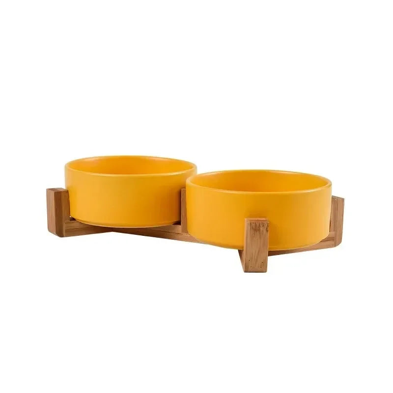 Plato de cerámica para mascotas con soporte de madera, tazón doble de cerámica sin derrames para perros y gatos, comedero de agua, para gatos y perros pequeños