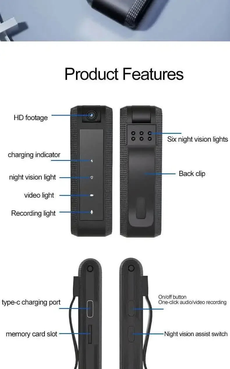 Minicámara corporal Carpbaba C2S 1080P HD DV, bodycam profesional, grabadora de video y voz digital, pequeño dispositivo de grabación de sonido y micrograbación