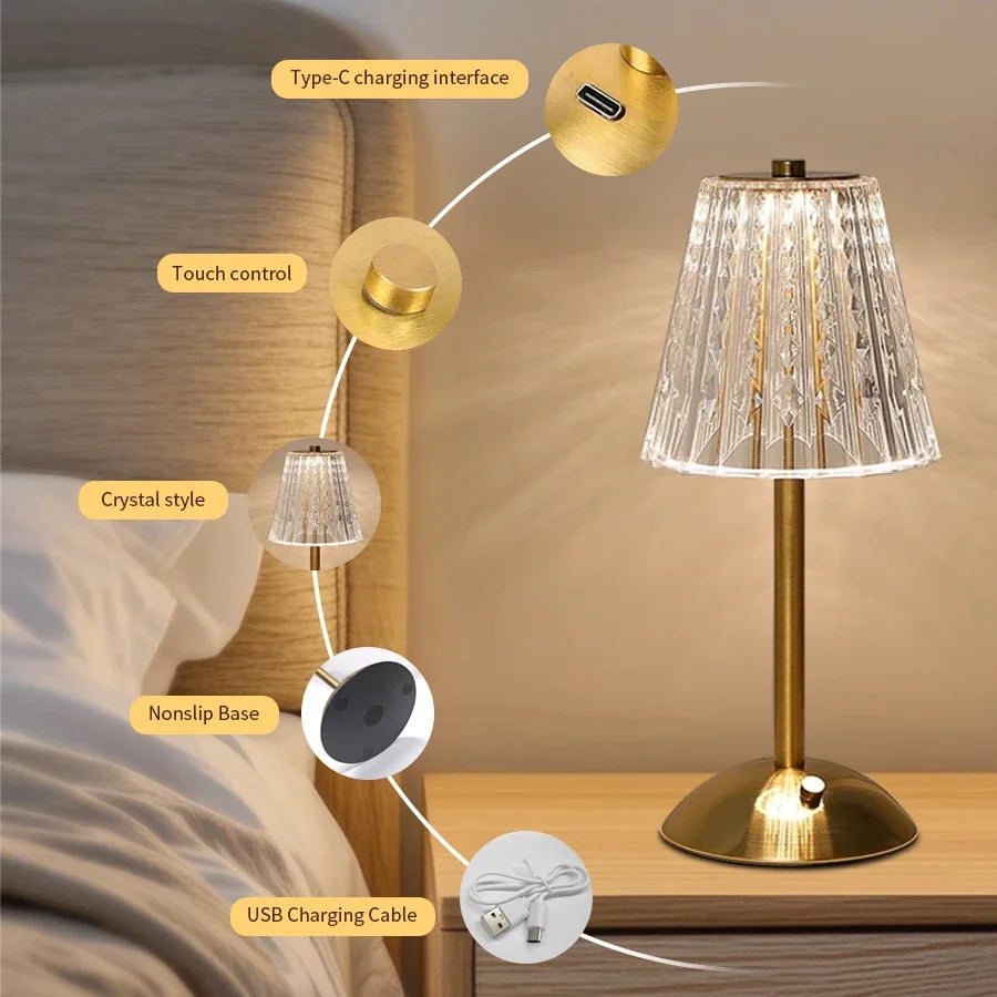 LED Table Lamp USB Rechargable Touch Dimming Coffee Bar Atmosphere Light Eye-Protection Reading Night Light Bedroom Decor
