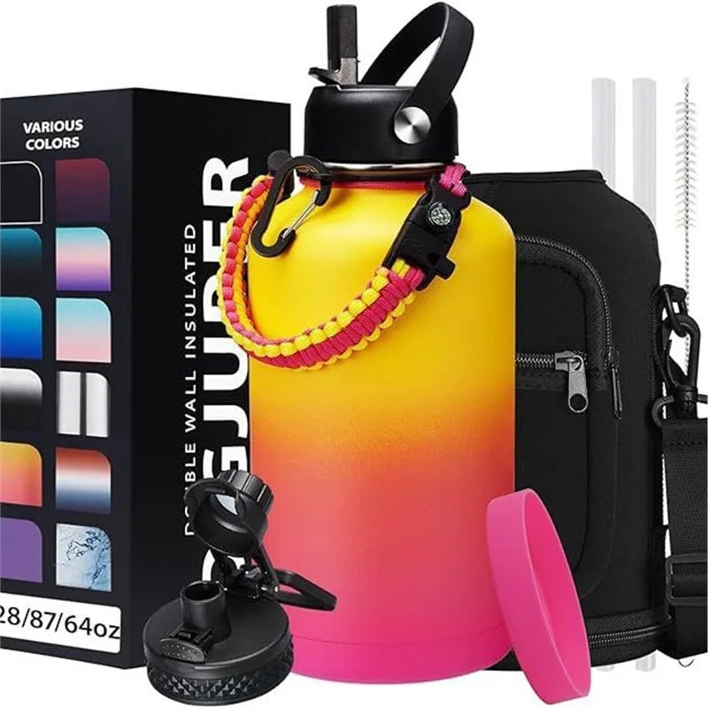 Juego de botella de agua al vacío grande de acero para deportes 64oz 2L Botella al vacío con aislamiento de doble pared con bolsa