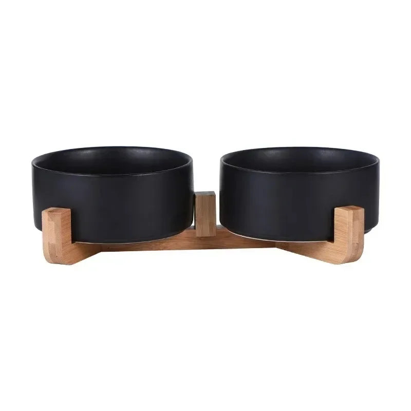 Plato de cerámica para mascotas con soporte de madera, tazón doble de cerámica sin derrames para perros y gatos, comedero de agua, para gatos y perros pequeños