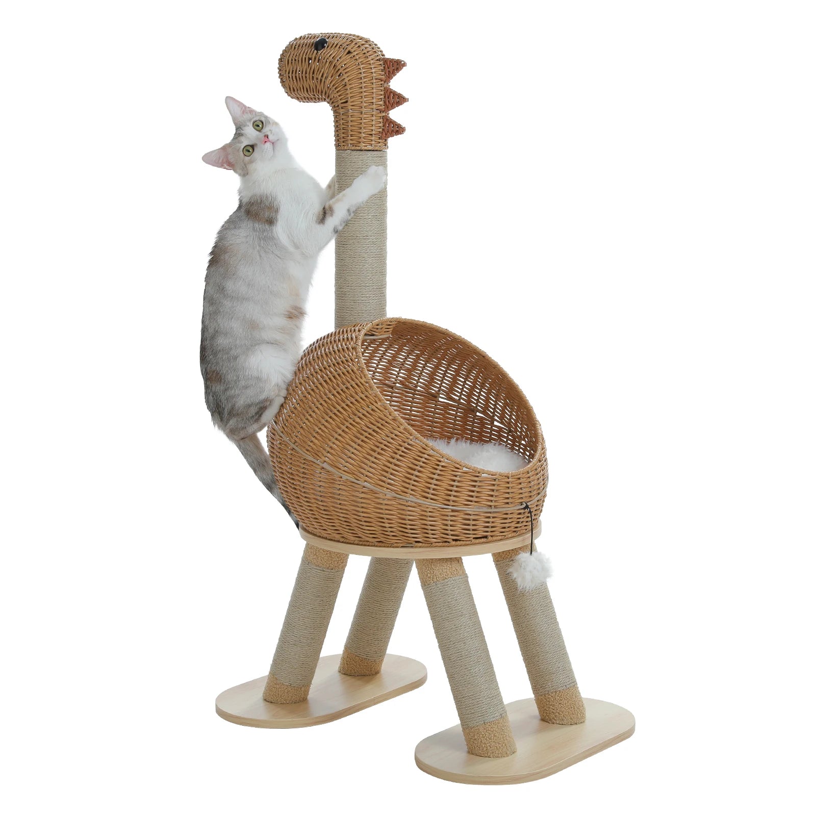Torre de árbol para gatos Dinosaurio con rascador de sisal, condominio grande de mimbre para gatos, cama de mimbre para gatos con alfombrilla extraíble, juguetes para gatos