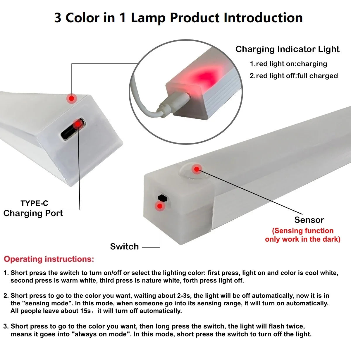 Luz de barra LED con sensor de movimiento, recargable por USB, inalámbrica, luz nocturna por inducción, lámpara de gabinete magnética portátil sin cable para cocina