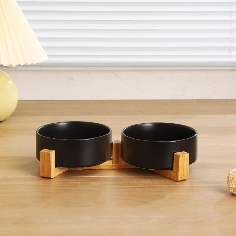 Plato de cerámica para mascotas con soporte de madera, tazón doble de cerámica sin derrames para perros y gatos, comedero de agua, para gatos y perros pequeños