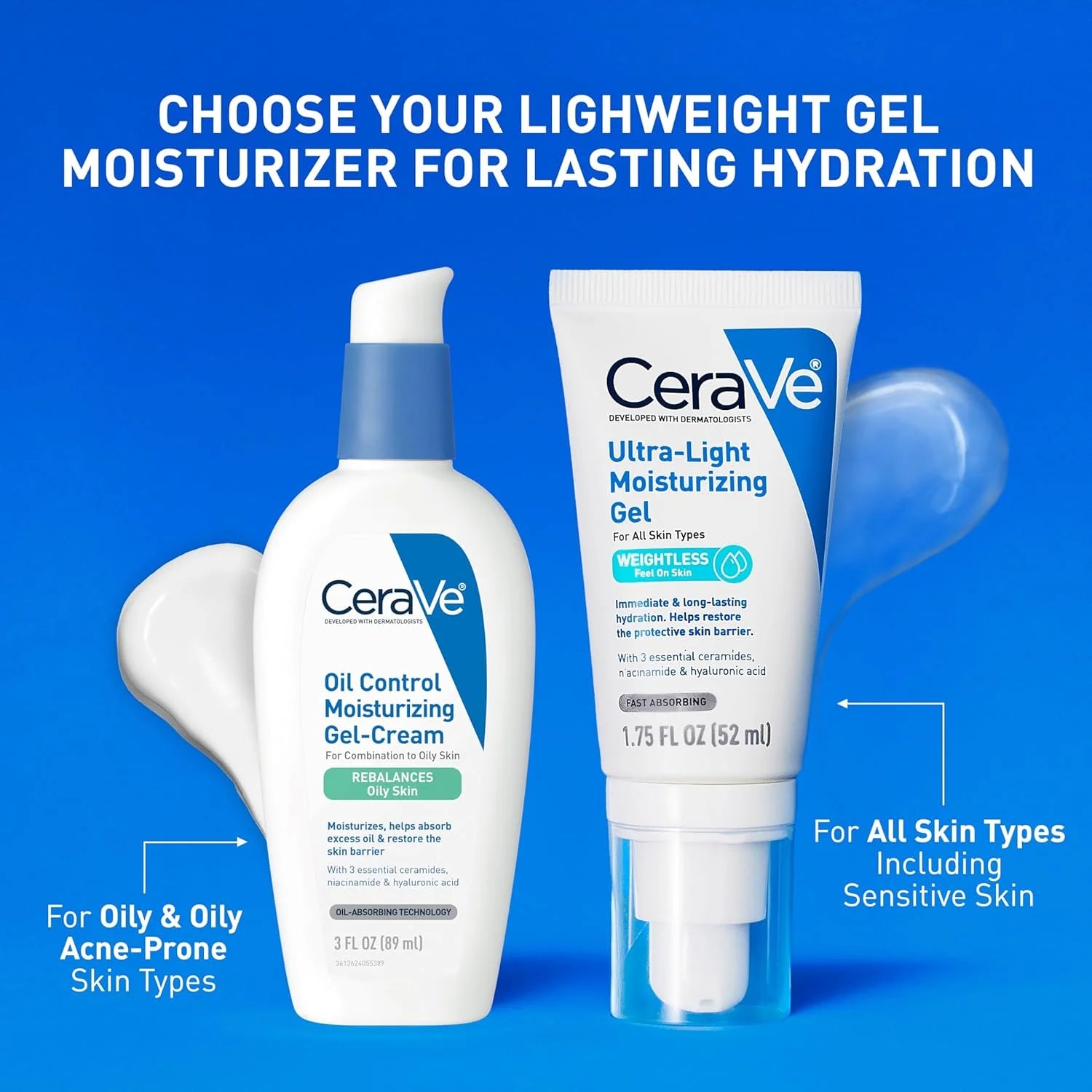 CeraVe Gel Hidratante Facial Ultraligero con Ceramidas Niacinamida Ácido Hialurónico Sin Aceite Sin Fragancia 1.75 FL Oz