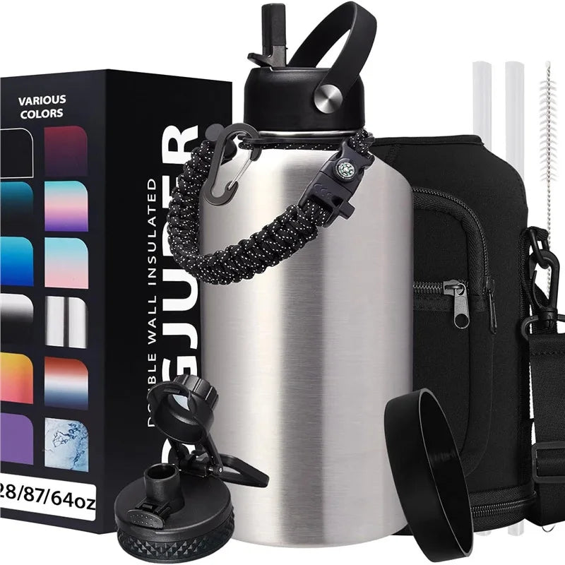 Juego de botella de agua al vacío grande de acero para deportes 64oz 2L Botella al vacío con aislamiento de doble pared con bolsa
