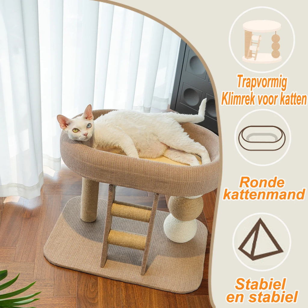 Rascador de Gatos Pequeño y Bonito, Adecuado para Gatos y Gatitos de Interior, Tabla Rascadora de Sisal con Hábitat de Cama de Peluche y Escalera Auxiliar para Trepar
