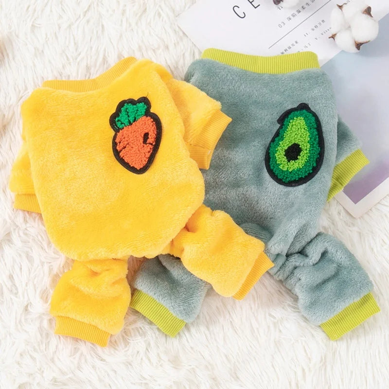 Monos de perro de moda, pijamas cálidos de felpa de invierno para perros, ropa de cuatro patas para cachorros, monos con estampado de frutas para gatos, ropa para perros chihuahua