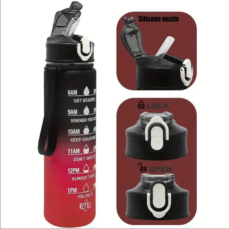 Botella de agua deportiva con pajita marcadora de tiempo, tapa abatible con cierre a prueba de fugas para fácil transporte, ideal para aventuras al aire libre