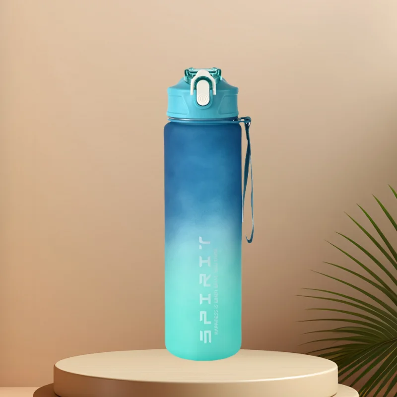 Botella de agua deportiva con pajita marcadora de tiempo, tapa abatible con cierre a prueba de fugas para fácil transporte, ideal para aventuras al aire libre