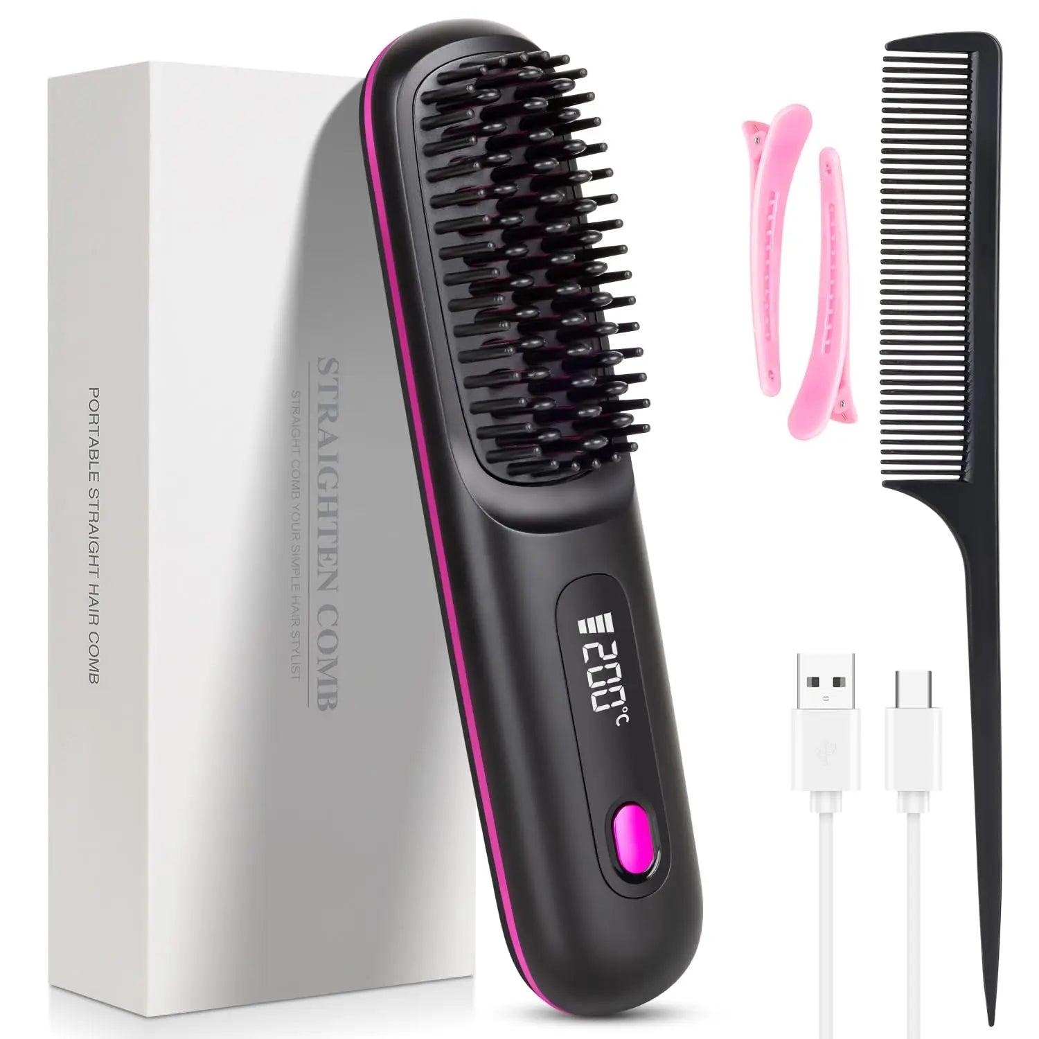 Sunny Hair: Upgrade Portable Straightener Brushs for Travel with LCD Temperature Display Fast Heating Cordless Mini Hair Brushs for Women