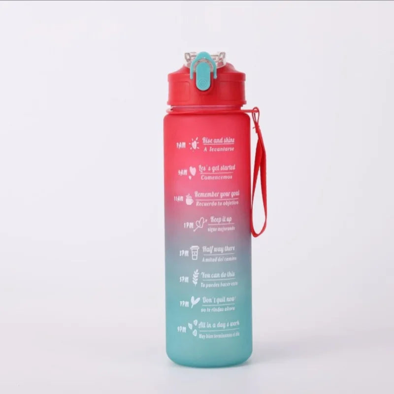 Botella de agua deportiva con pajita marcadora de tiempo, tapa abatible con cierre a prueba de fugas para fácil transporte, ideal para aventuras al aire libre