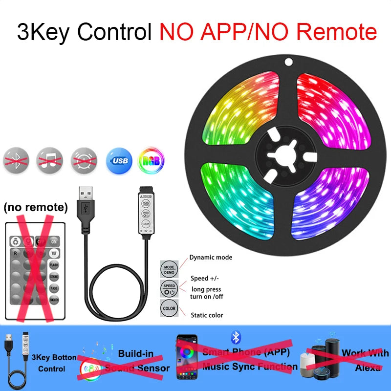 Tira de luces LED inteligentes para TV, iluminación inteligente para dormitorio, Bluetooth, USB, tira de LED RGB 5V, cinta LED adhesiva 5050 para decoración de paredes de habitaciones