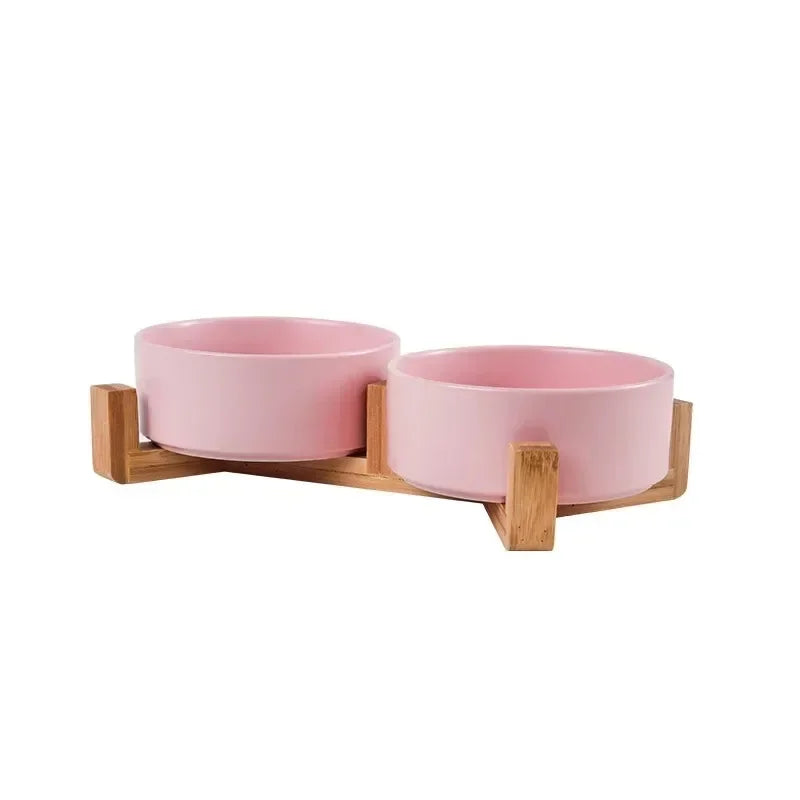 Plato de cerámica para mascotas con soporte de madera, tazón doble de cerámica sin derrames para perros y gatos, comedero de agua, para gatos y perros pequeños