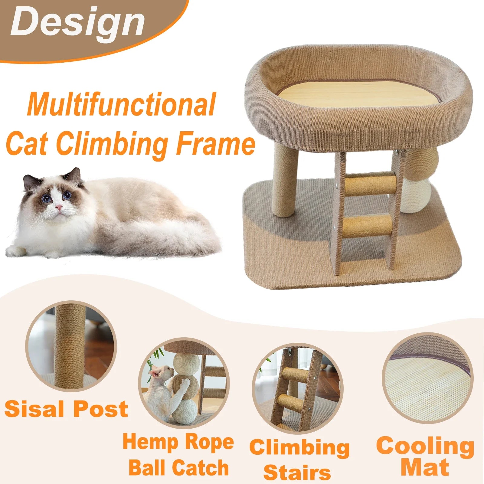 Rascador de Gatos Pequeño y Bonito, Adecuado para Gatos y Gatitos de Interior, Tabla Rascadora de Sisal con Hábitat de Cama de Peluche y Escalera Auxiliar para Trepar