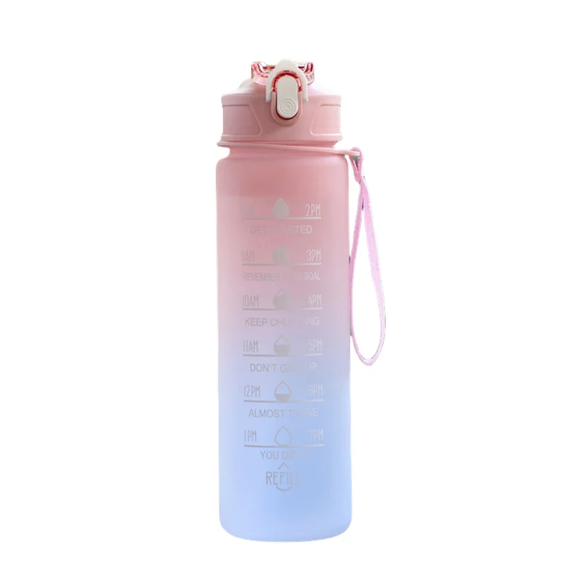 Botella de agua deportiva con pajita marcadora de tiempo, tapa abatible con cierre a prueba de fugas para fácil transporte, ideal para aventuras al aire libre