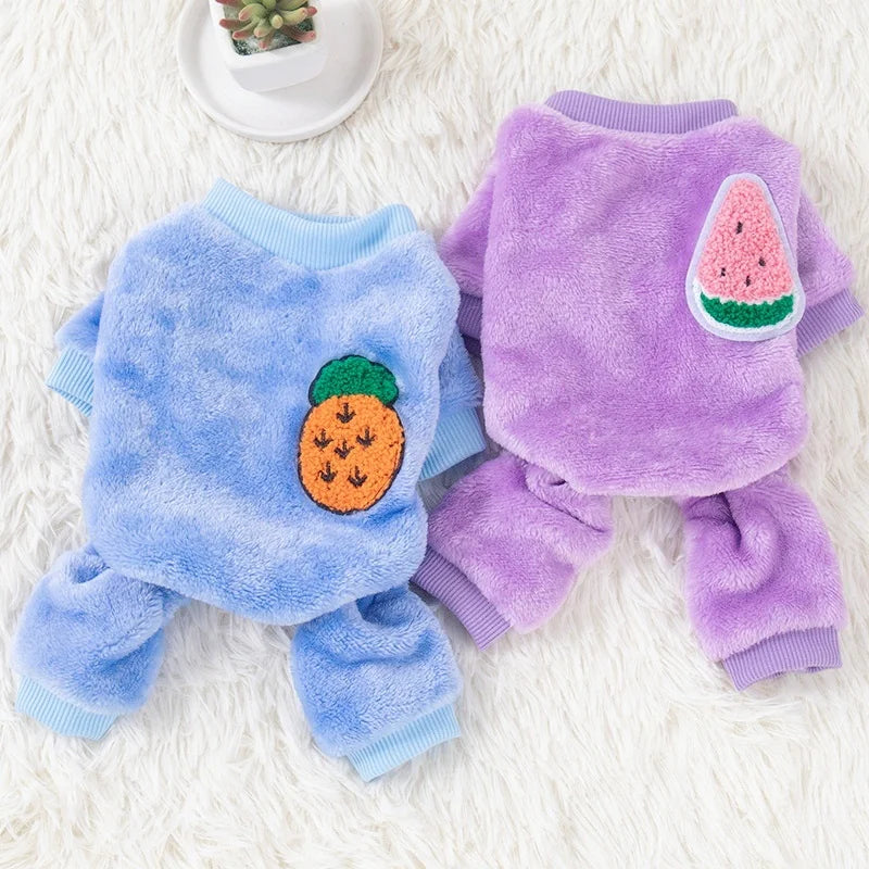 Monos de perro de moda, pijamas cálidos de felpa de invierno para perros, ropa de cuatro patas para cachorros, monos con estampado de frutas para gatos, ropa para perros chihuahua