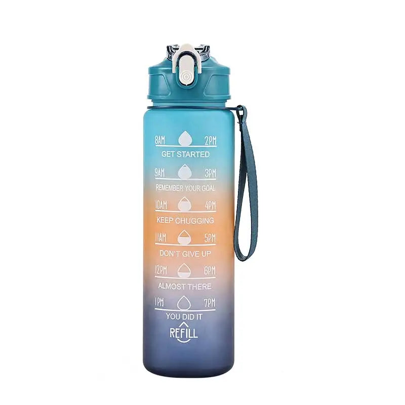 Botella de agua deportiva con pajita marcadora de tiempo, tapa abatible con cierre a prueba de fugas para fácil transporte, ideal para aventuras al aire libre
