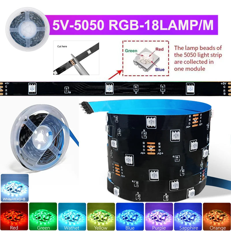 Tira de luces LED inteligentes para TV, iluminación inteligente para dormitorio, Bluetooth, USB, tira de LED RGB 5V, cinta LED adhesiva 5050 para decoración de paredes de habitaciones