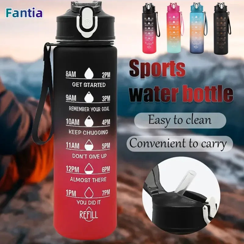 Botella de agua deportiva con pajita marcadora de tiempo, tapa abatible con cierre a prueba de fugas para fácil transporte, ideal para aventuras al aire libre