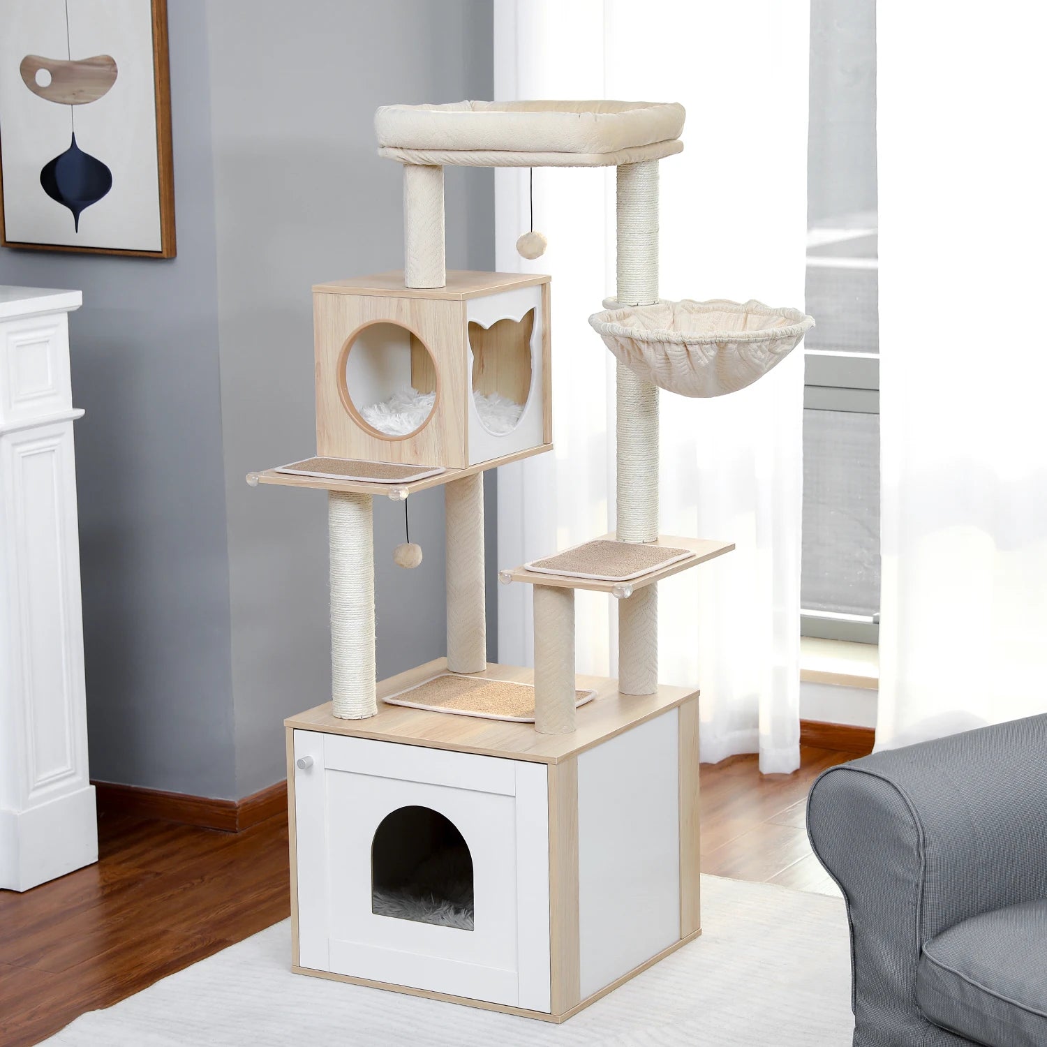 Árbol para Gatos de Varios Niveles, Torre de Madera para Gatos de Interior con Rascadores, Amplio Condominio, Hamaca, Plataforma Superior y Rascador para Gatos, Juguetes para Gatos