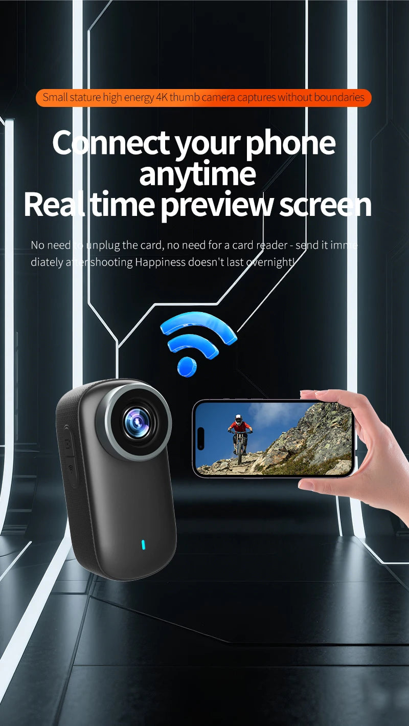 Cámara deportiva de pulgar WiFi 4K IP65, resistente al agua y al polvo, cámara de grabación deportiva para ciclismo al aire libre