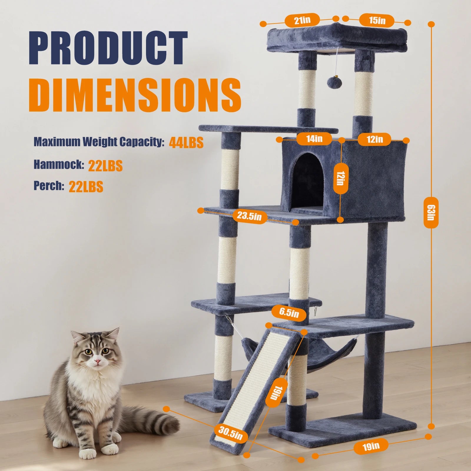 JHK 63In Árbol para Gatos Alto Torre de Escalada para Varios Gatos Muebles para Mascotas Rascadores de Sisal Natural Casa Estable para Gatos de Interior