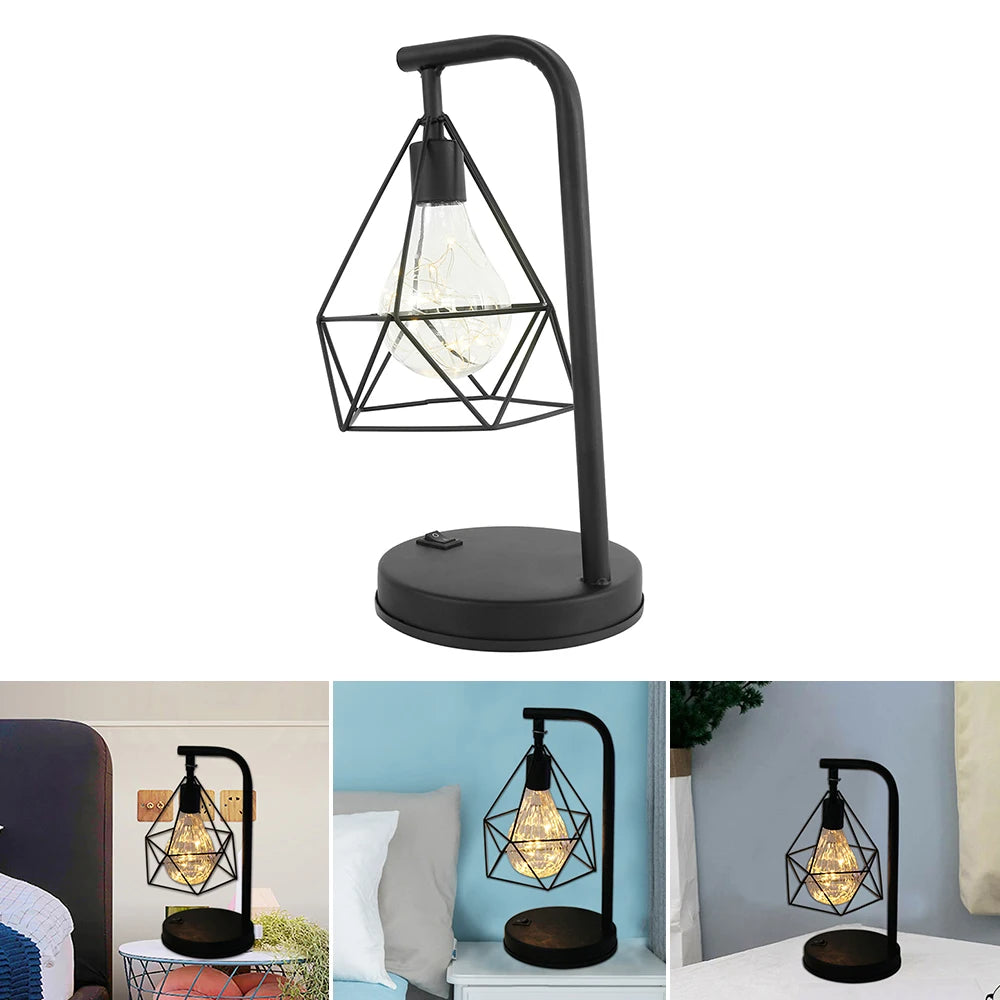 Retro Iron Art LED Night Light Geometric Desk Lighting Bedside Lamp Classic Iron Home Living Room Coffee Bar Decor Ambience Lamp