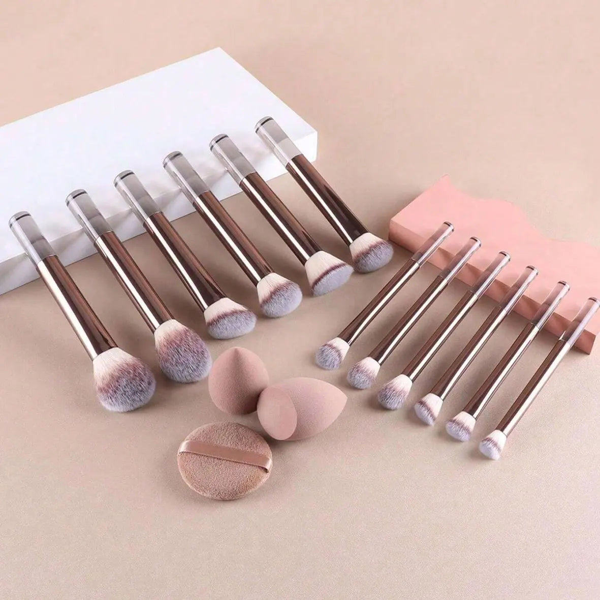 Sunny Makeup: 12pcs Professional Makeup Brush Set Incl. Eyeshadow, Powder, Blush Brushes, 2pcs Makeup Sponges, 1pc Powder Puff, Complete Trave