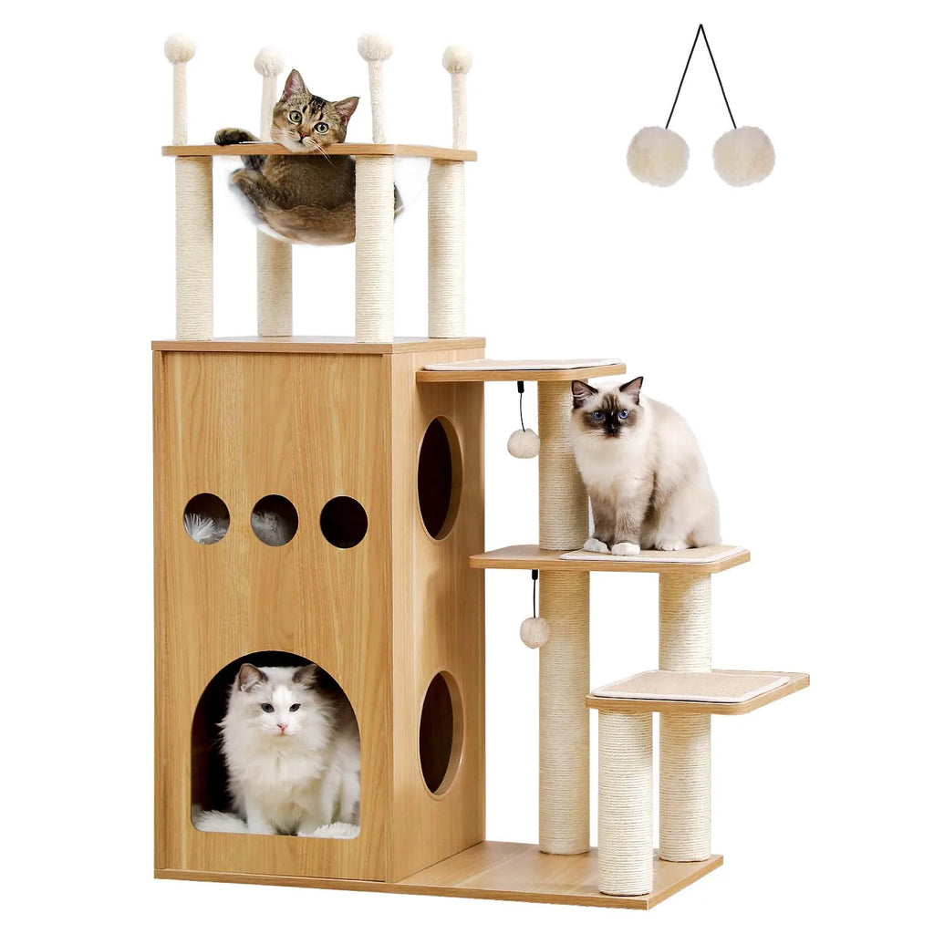 Árbol para Gatos de Varios Niveles, Torre de Madera para Gatos de Interior con Rascadores, Amplio Condominio, Hamaca, Plataforma Superior y Rascador para Gatos, Juguetes para Gatos