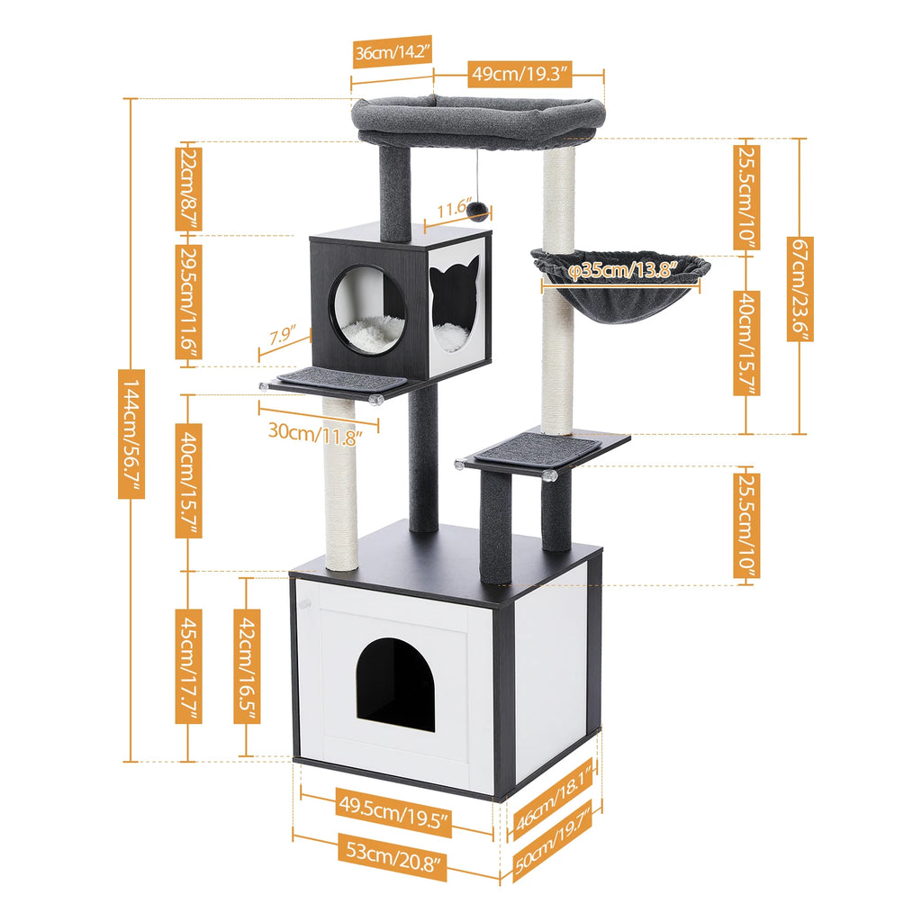 Árbol para Gatos de Varios Niveles, Torre de Madera para Gatos de Interior con Rascadores, Amplio Condominio, Hamaca, Plataforma Superior y Rascador para Gatos, Juguetes para Gatos