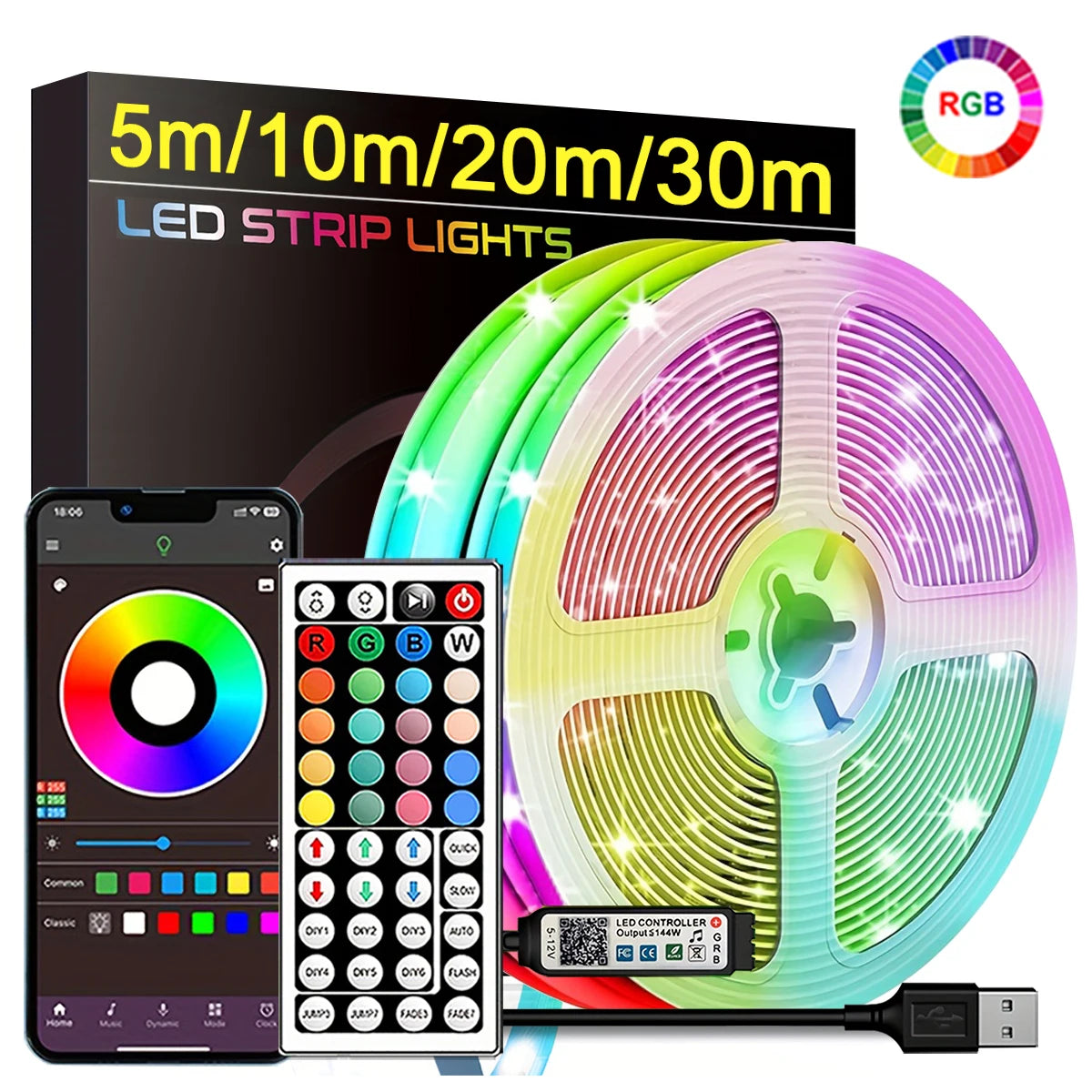 Sunny Light: Tiras de luces LED RGB de 5m, 10m, 20m, 30m, luz LED para habitación con control por APP, cinta flexible Luces LED para decoración de habitaciones y dormitorios