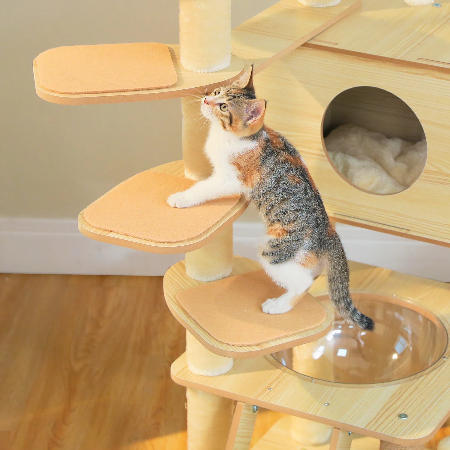 Árbol para Gatos de Varios Niveles, Torre de Madera para Gatos de Interior con Rascadores, Amplio Condominio, Hamaca, Plataforma Superior y Rascador para Gatos, Juguetes para Gatos