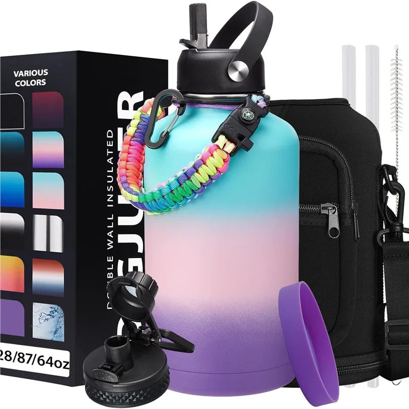Juego de botella de agua al vacío grande de acero para deportes 64oz 2L Botella al vacío con aislamiento de doble pared con bolsa