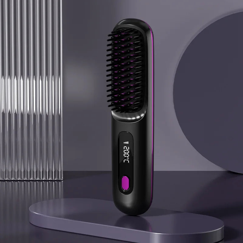 Cepillo Alisador de Pelo con Pantalla LCD, Carga USB Inalámbrico, Cepillo Alisador Mini Portátil para el Hogar y Viajes