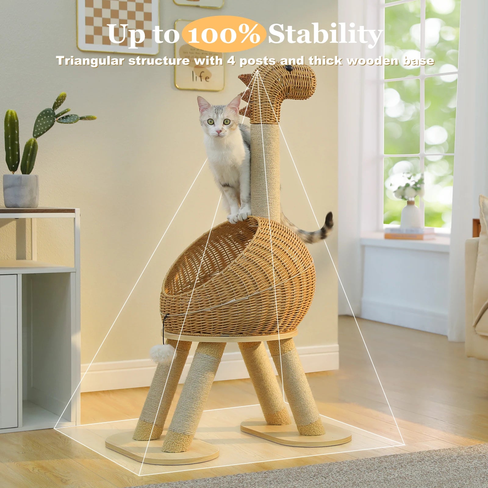Torre de árbol para gatos Dinosaurio con rascador de sisal, condominio grande de mimbre para gatos, cama de mimbre para gatos con alfombrilla extraíble, juguetes para gatos