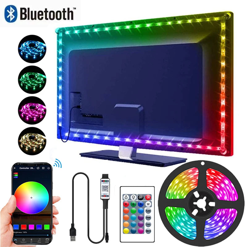 Tira de luces LED inteligentes para TV, iluminación inteligente para dormitorio, Bluetooth, USB, tira de LED RGB 5V, cinta LED adhesiva 5050 para decoración de paredes de habitaciones